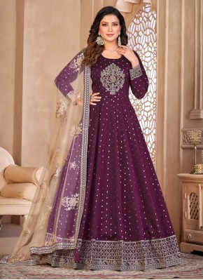 Tafeta Silk Purple Resham Floor Length Anarkali Suit