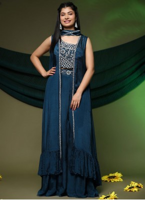 Teal Chinon Party Readymade Salwar Suit
