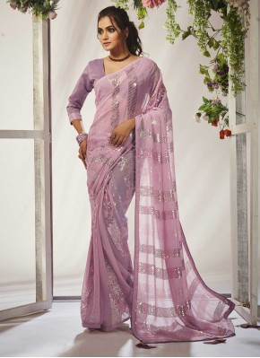 Tempting Georgette Embroidered Pink Trendy Saree