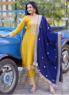 Thread Chinon Readymade Salwar Kameez in Yellow