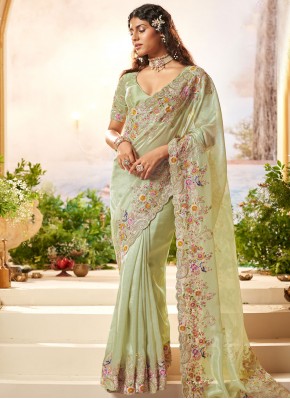 Thread Organza Traditional Saree in Sea Green