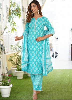 Titillating Cotton Printed Aqua Blue Readymade Salwar Kameez