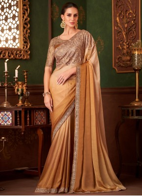 Traditional Saree Sequins Chiffon Satin in Brown and Cream