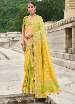 Traditional Saree Stone Silk in Green and Yellow