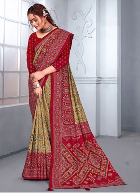 Transcendent Beige and Red Contemporary Saree