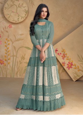 Transcendent Georgette Sea Green Embroidered Ready