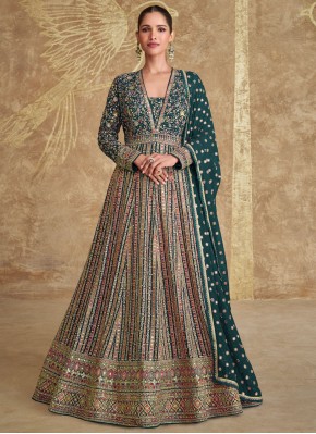 Trendy Gown Embroidered Georgette in Green and Teal