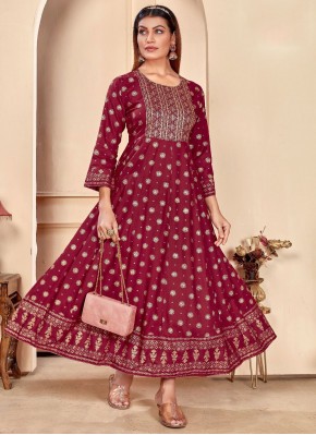 Trendy Gown Print Rayon in Burgundy