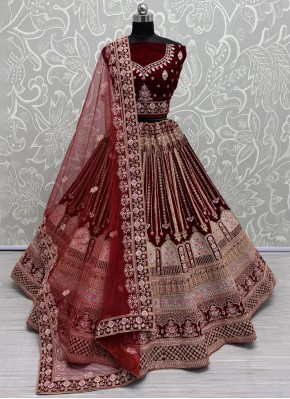 Trendy Lehenga Choli Fancy Velvet in Maroon and Red