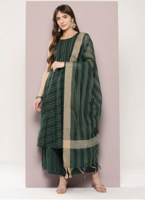 Trendy Salwar Kameez Stripe Print Cotton in Green