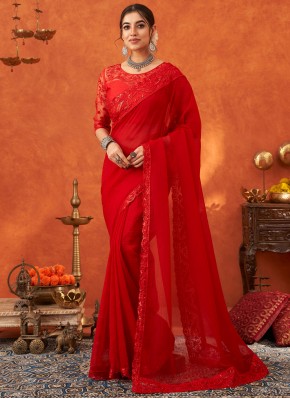 Trendy Saree Sequins Cotton Silk in Red