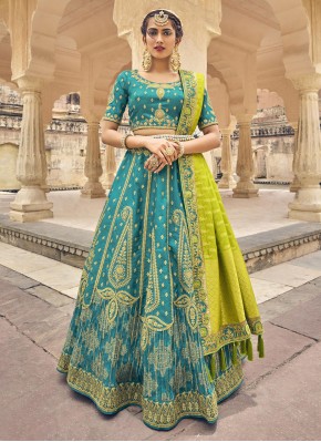 Turquoise Embroidered Banarasi Silk Designer Lehen