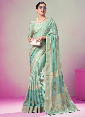 Turquoise Georgette Printed Traditional Saree