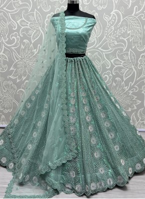 Turquoise Net Embroidered Designer Lehenga Choli