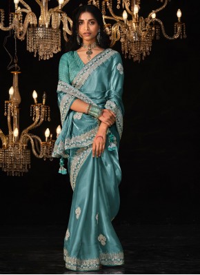 Tussar Silk Contemporary Saree in Turquoise