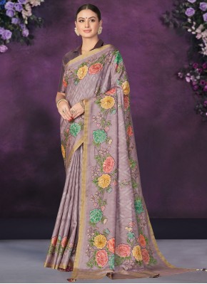 Tussar Silk Floral Patterns Traditional Saree in Lavender