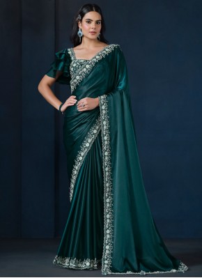 Urbane Satin Silk Teal Thread Trendy Saree