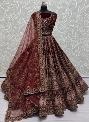 Velvet Long Choli Lehenga in Maroon