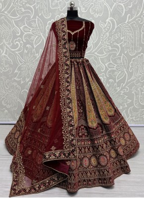 Velvet Maroon Thread Trendy Lehenga Choli