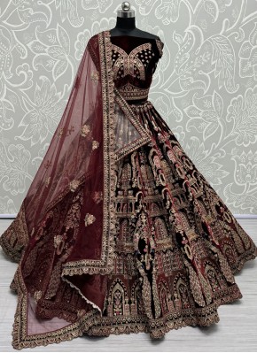 Velvet Maroon Zari Lehenga Choli