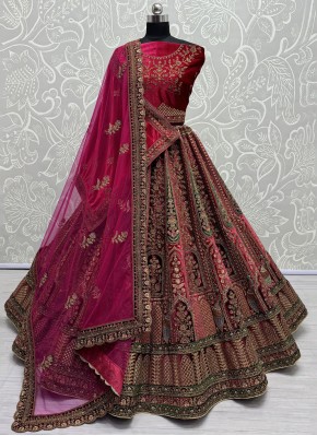 Velvet Patchwork Trendy Lehenga Choli in Pink and Rani