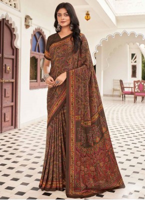 Versatile Pure Crepe Brown Designer Saree