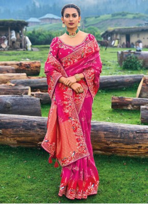 Vibrant Silk Pink Embroidered Contemporary Saree