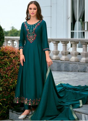 Vichitra Silk Embroidered Readymade Salwar Kameez in Teal