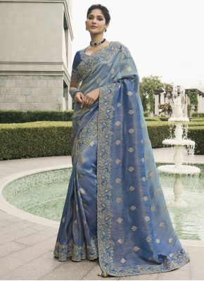 Violet Embroidered Tussar Silk Classic Saree