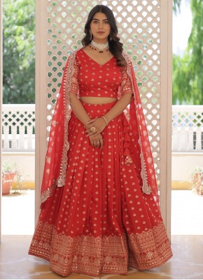 Viscose Jacquard Work Lehenga Choli in Red