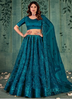 Vivid Embroidered Net Teal A Line Lehenga Choli