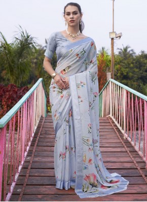 Voluptuous Aqua Blue Digital Print Georgette Classic Saree