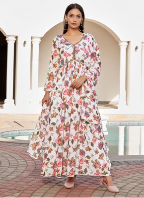 White Printed Festival Readymade Gown