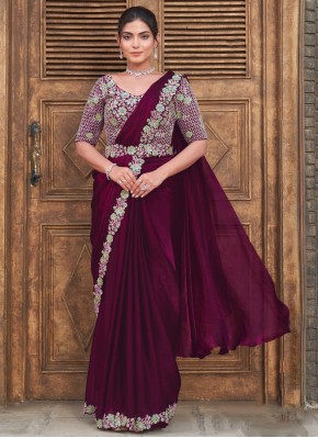 Wine Sequins Contemporary Saree