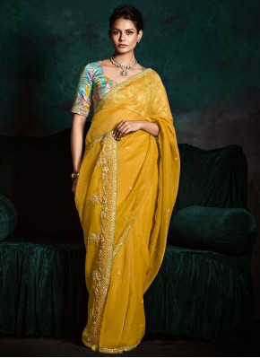 Wonderous Embroidered Fancy Fabric Yellow Traditional Saree