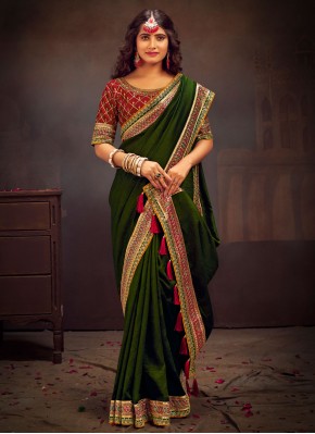 Wonderous Green Border Vichitra Silk Contemporary Saree