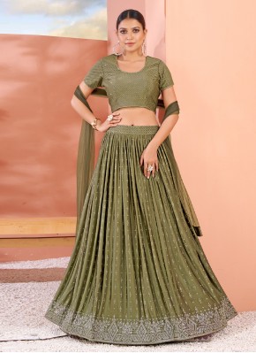 Wonderous Green Embroidered Georgette A Line Lehen