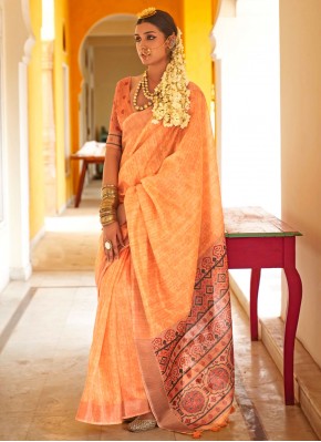 Woven Linen Classic Saree in Peach