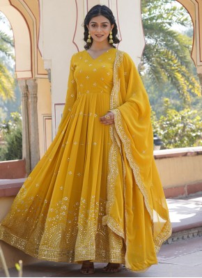 Yellow Faux Georgette Sequins Trendy Gown