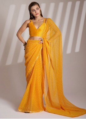 Yellow Print Georgette Classic Saree