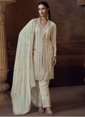 Zari Silk Readymade Salwar Kameez in Off White