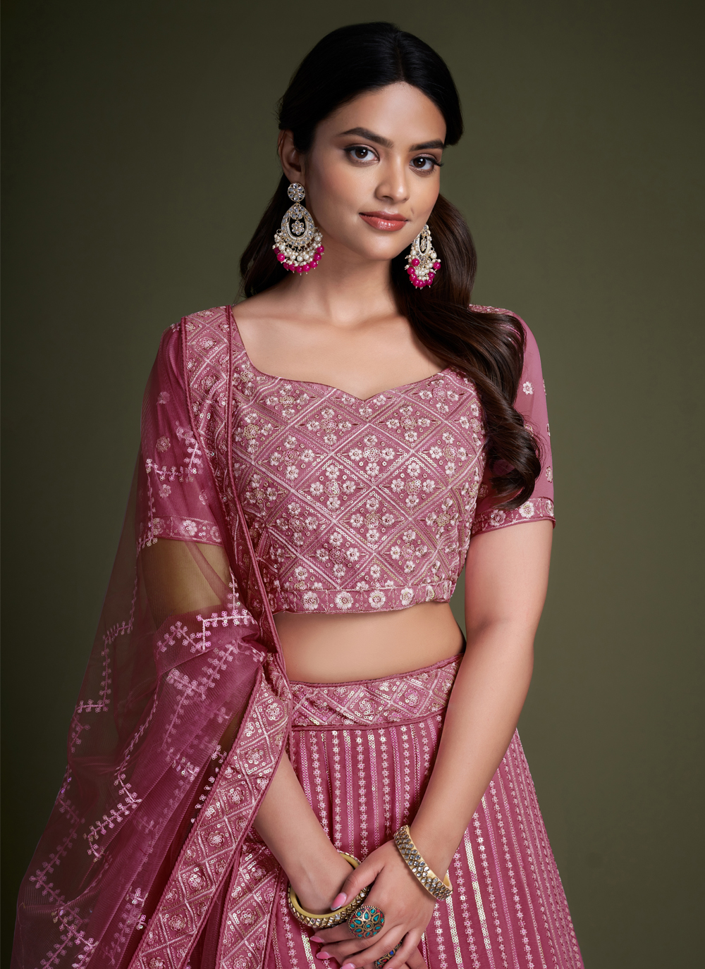 Georgette Embroidered Pink Lehenga Choli